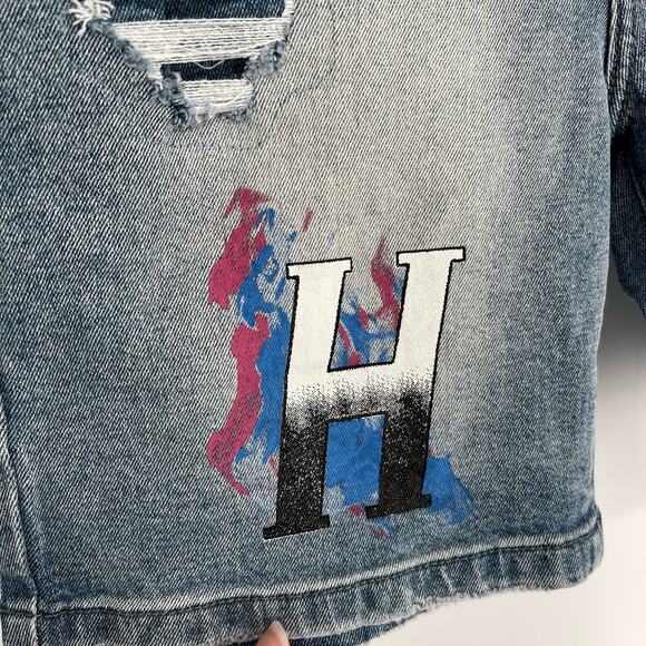 Homme + Femme NEW Mens Hand Painted Logo Distressed Jean Shorts Sz 30 Blue - Picture 3 of 10